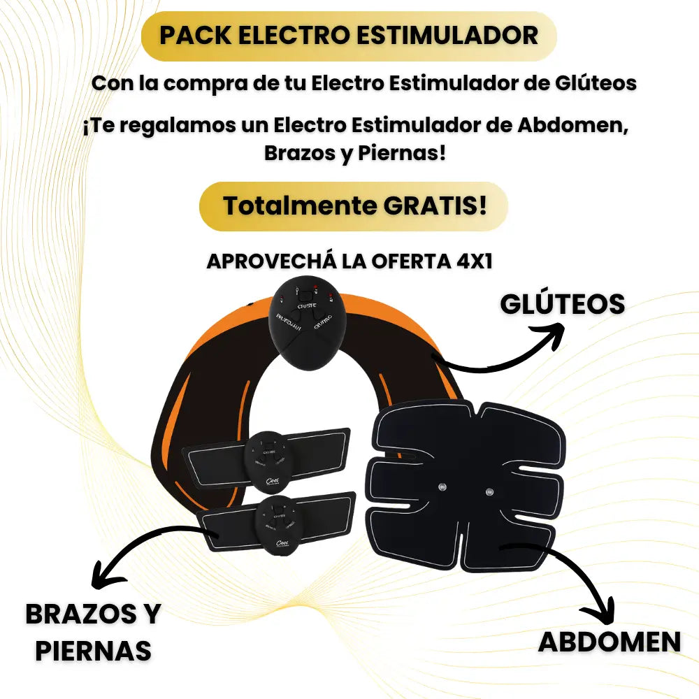 ELECTRO ESTIMULADOR DE GLÚTEOS + ABDOMEN, BRAZOS Y PIERNAS DE REGALO